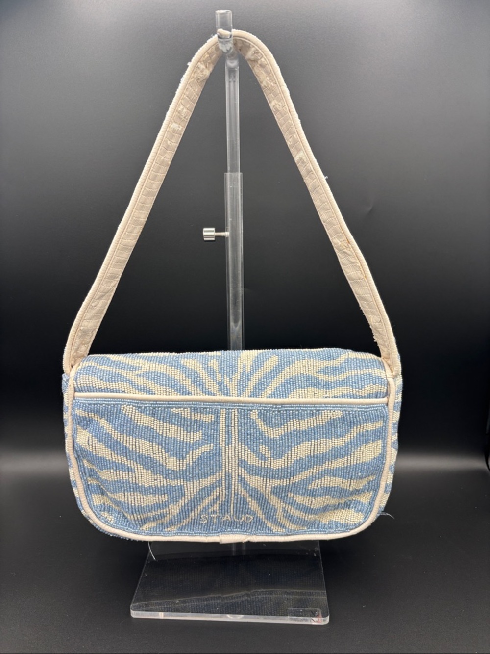 STAUD Tommy Beaded Shoulder Bag - Blue & White - Interior Strap is Peeling Some - Picture 2 of 13